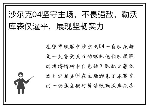 沙尔克04坚守主场，不畏强敌，勒沃库森仅逼平，展现坚韧实力