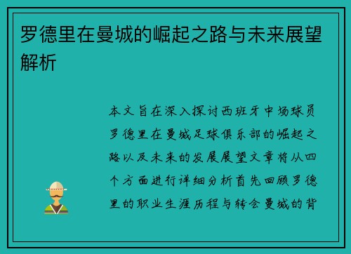 罗德里在曼城的崛起之路与未来展望解析