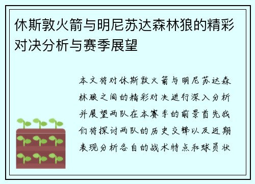 休斯敦火箭与明尼苏达森林狼的精彩对决分析与赛季展望