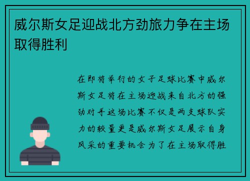 威尔斯女足迎战北方劲旅力争在主场取得胜利