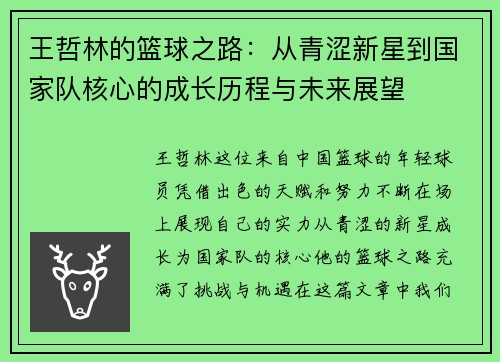 王哲林的篮球之路：从青涩新星到国家队核心的成长历程与未来展望