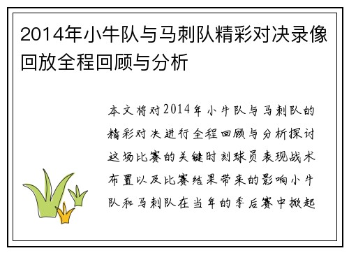 2014年小牛队与马刺队精彩对决录像回放全程回顾与分析