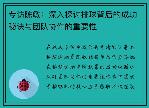 专访陈敏：深入探讨排球背后的成功秘诀与团队协作的重要性