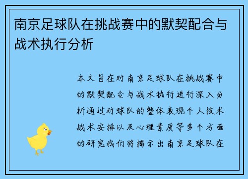 南京足球队在挑战赛中的默契配合与战术执行分析